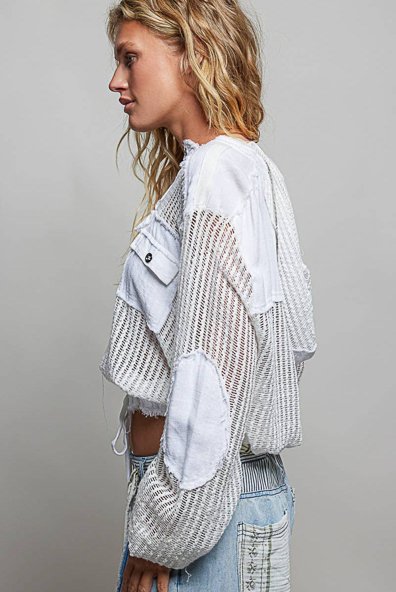 POL Clothing Open Knit Frayed Jacket-Jackets-Pol Clothing-Stuffology - Where Vintage Meets Modern, A Boutique for Real Women in Crosbyton, TX