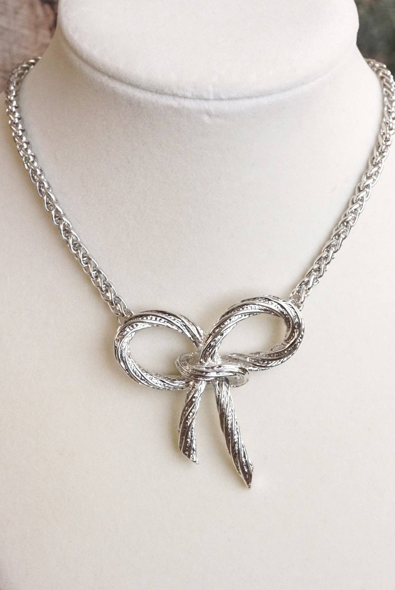Large Rope Textured Bow Pendant Statement Necklace Silver Tone-Necklaces-PennyLine inc-Stuffology - Where Vintage Meets Modern, A Boutique for Real Women in Crosbyton, TX