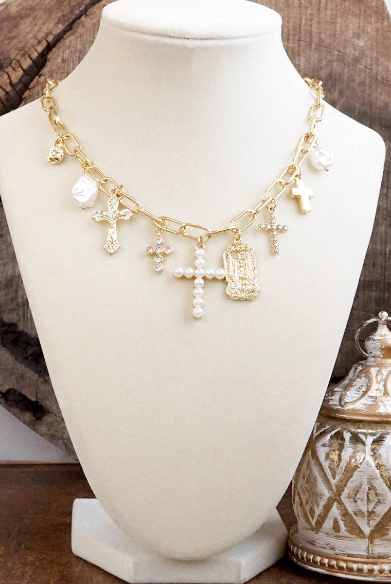 Radiant Faith – Mixed Charm Cascade Necklace in Gold Tone-Necklaces-PennyLine inc-Stuffology - Where Vintage Meets Modern, A Boutique for Real Women in Crosbyton, TX