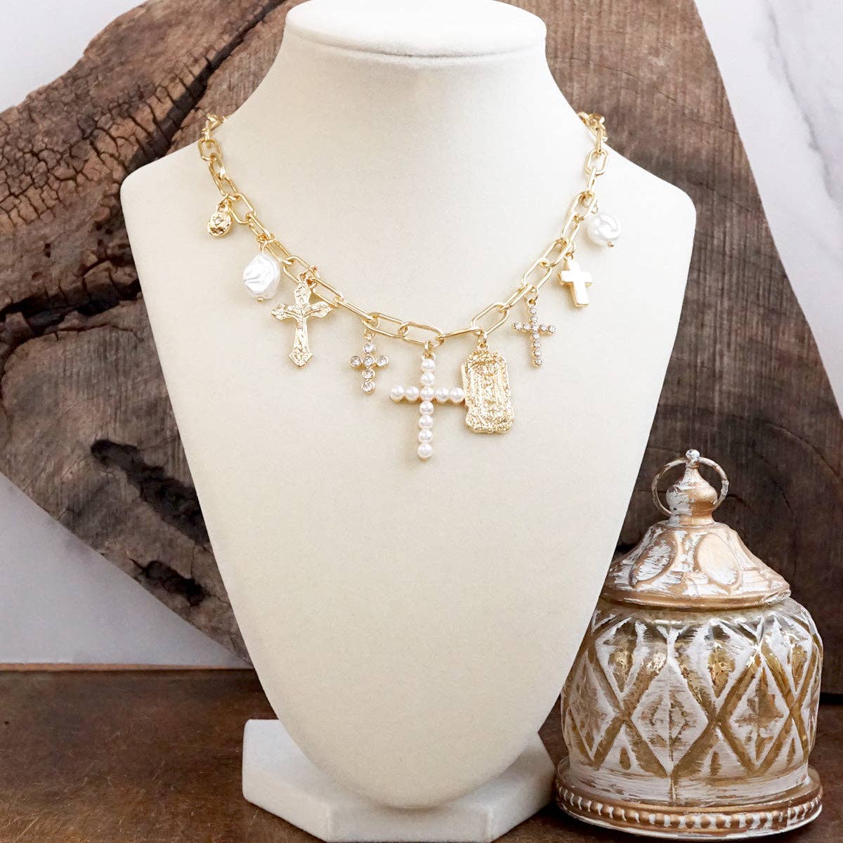 Radiant Faith – Mixed Charm Cascade Necklace in Gold Tone-Necklaces-PennyLine inc-Stuffology - Where Vintage Meets Modern, A Boutique for Real Women in Crosbyton, TX