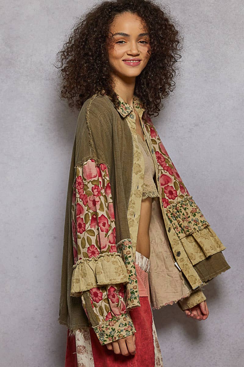 POL Clothing - Long sleeve double gauze patchwork shirred ruffle shirts-Pol Clothing-Stuffology - Where Vintage Meets Modern, A Boutique for Real Women in Crosbyton, TX