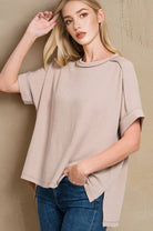 Corded Rib Short Cuff Sleeve Raw Edge Top-TOP-Stuffology Boutique-Stuffology - Where Vintage Meets Modern, A Boutique for Real Women in Crosbyton, TX