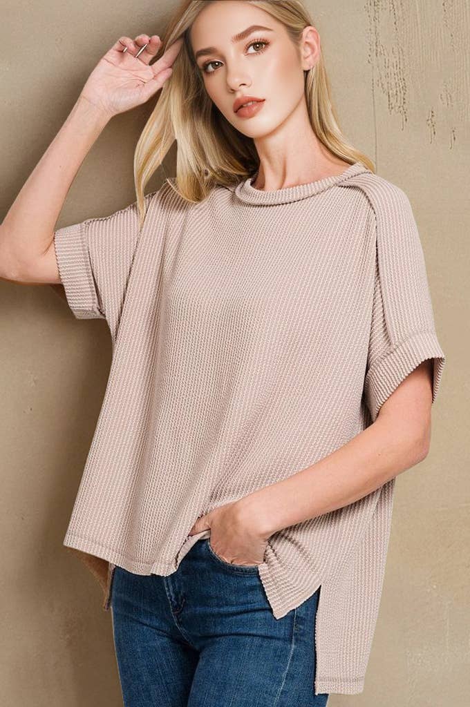 Corded Rib Short Cuff Sleeve Raw Edge Top-TOP-Stuffology Boutique-Stuffology - Where Vintage Meets Modern, A Boutique for Real Women in Crosbyton, TX