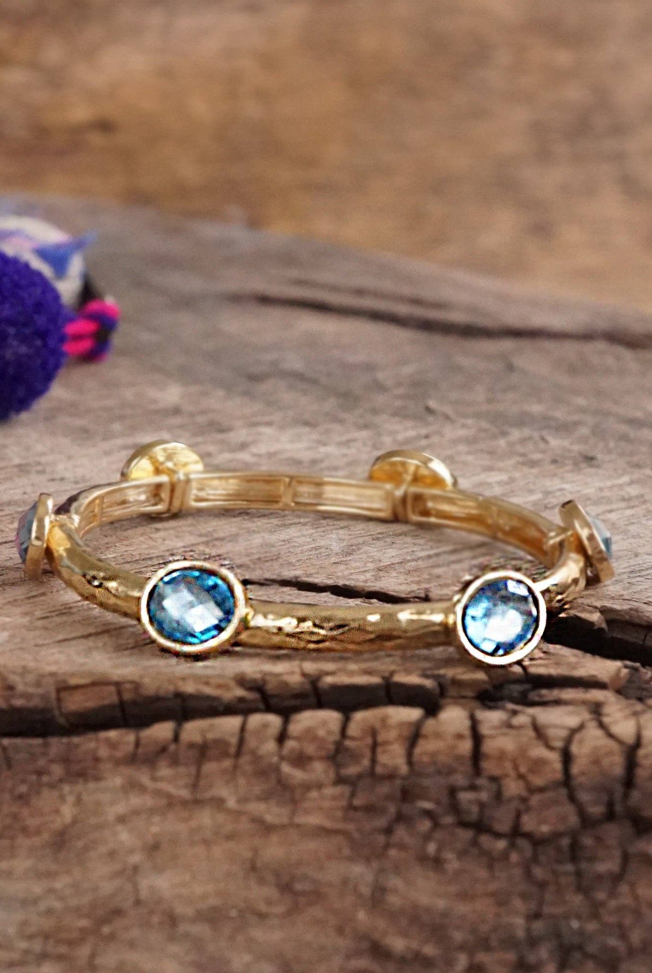 Jeweled Golden Bangle - with Faceted glass oval colorful jewels-Bracelets-PennyLine inc-Stuffology - Where Vintage Meets Modern, A Boutique for Real Women in Crosbyton, TX