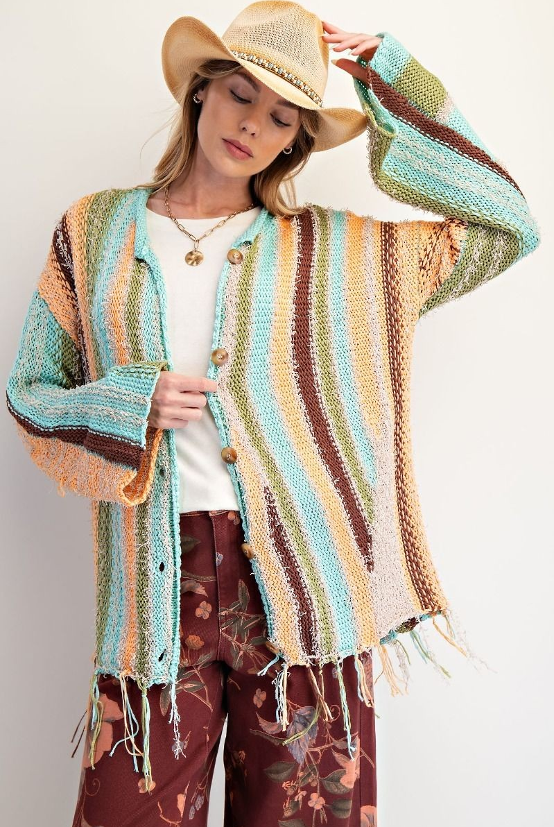 Boho Striped Fringe Cardigan-Tops-Easel-Stuffology - Where Vintage Meets Modern, A Boutique for Real Women in Crosbyton, TX