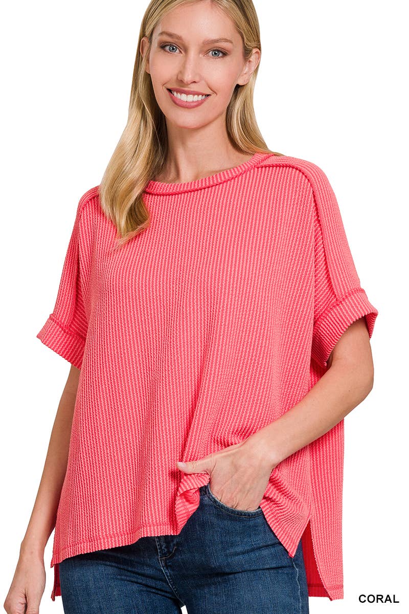 Corded Rib Short Cuff Sleeve Raw Edge Top-TOP-Stuffology Boutique-Stuffology - Where Vintage Meets Modern, A Boutique for Real Women in Crosbyton, TX