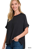 Corded Rib Short Cuff Sleeve Raw Edge Top-TOP-Stuffology Boutique-Stuffology - Where Vintage Meets Modern, A Boutique for Real Women in Crosbyton, TX