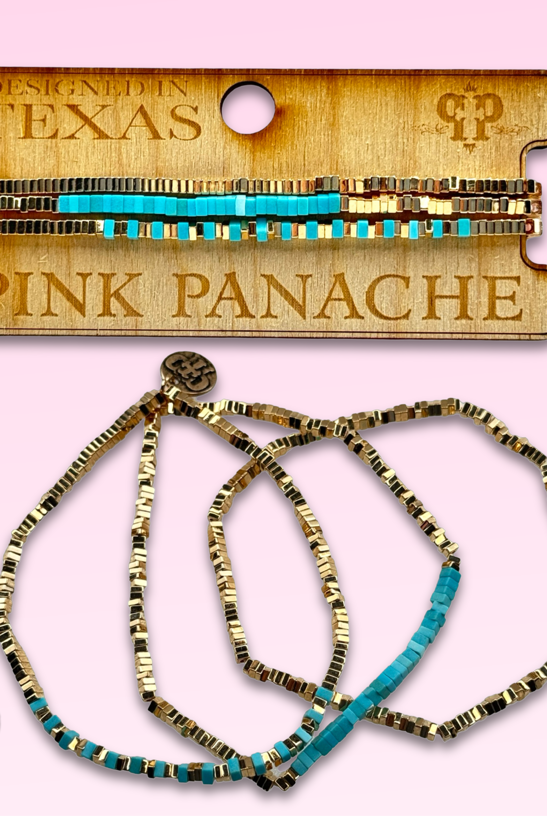 Gold and turquoise square bead bracelet-Bracelets-Pink Panache Brands-Stuffology - Where Vintage Meets Modern, A Boutique for Real Women in Crosbyton, TX