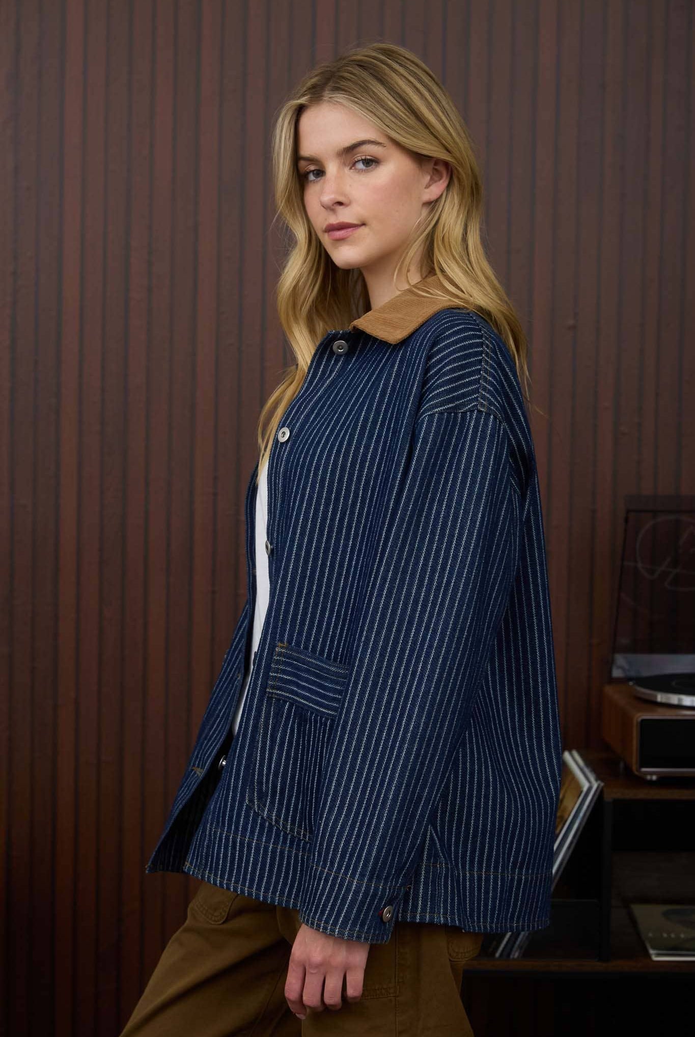 DENIM PINSTRIPE CORDUROY COLLAR JACKET-Denim Jacket-J.O.A-Stuffology - Where Vintage Meets Modern, A Boutique for Real Women in Crosbyton, TX