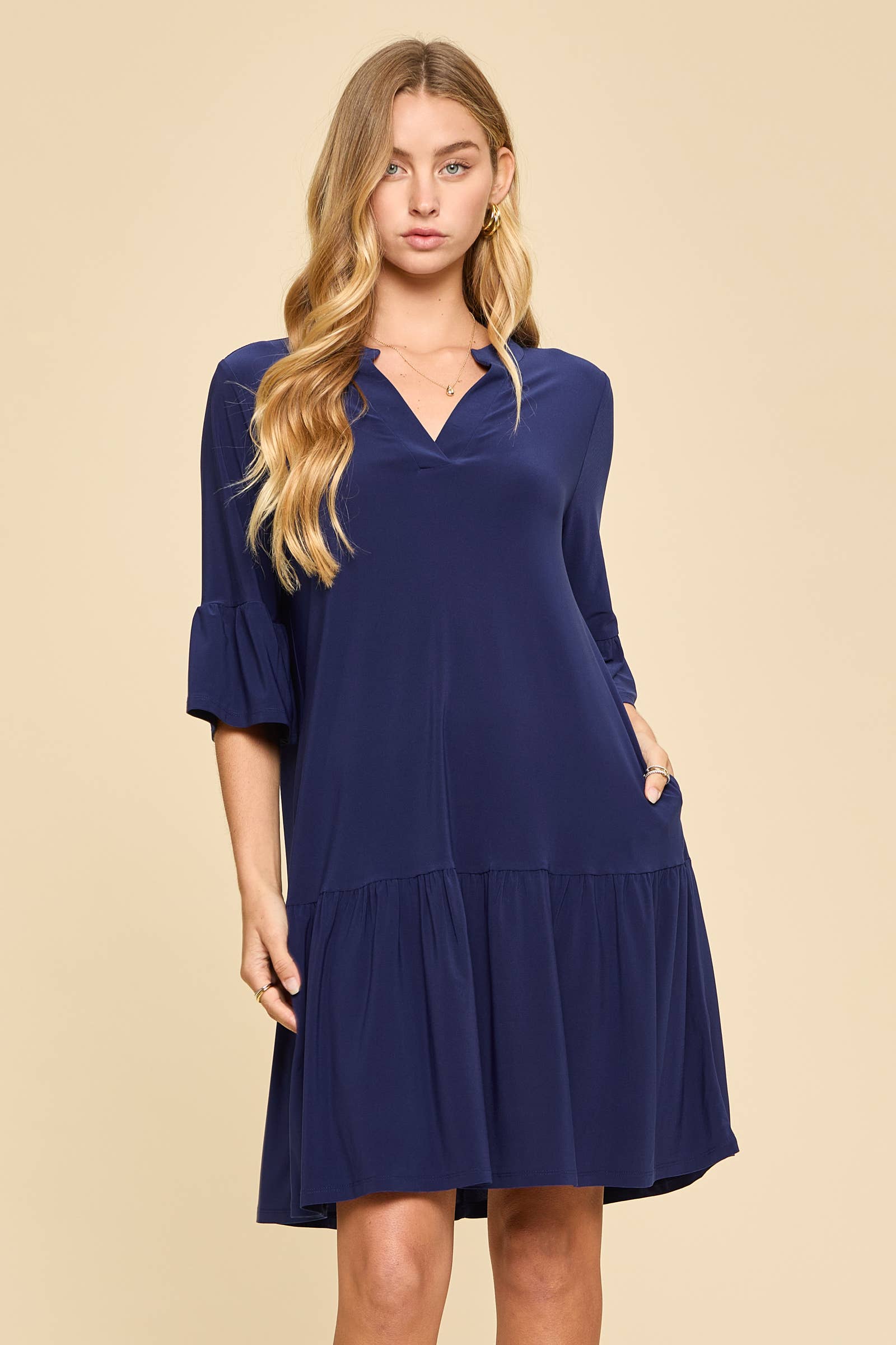 Shirred Tiered Relaxed 3/4 Sleeve Dress-Dresses-Dear Scarlett-Stuffology - Where Vintage Meets Modern, A Boutique for Real Women in Crosbyton, TX