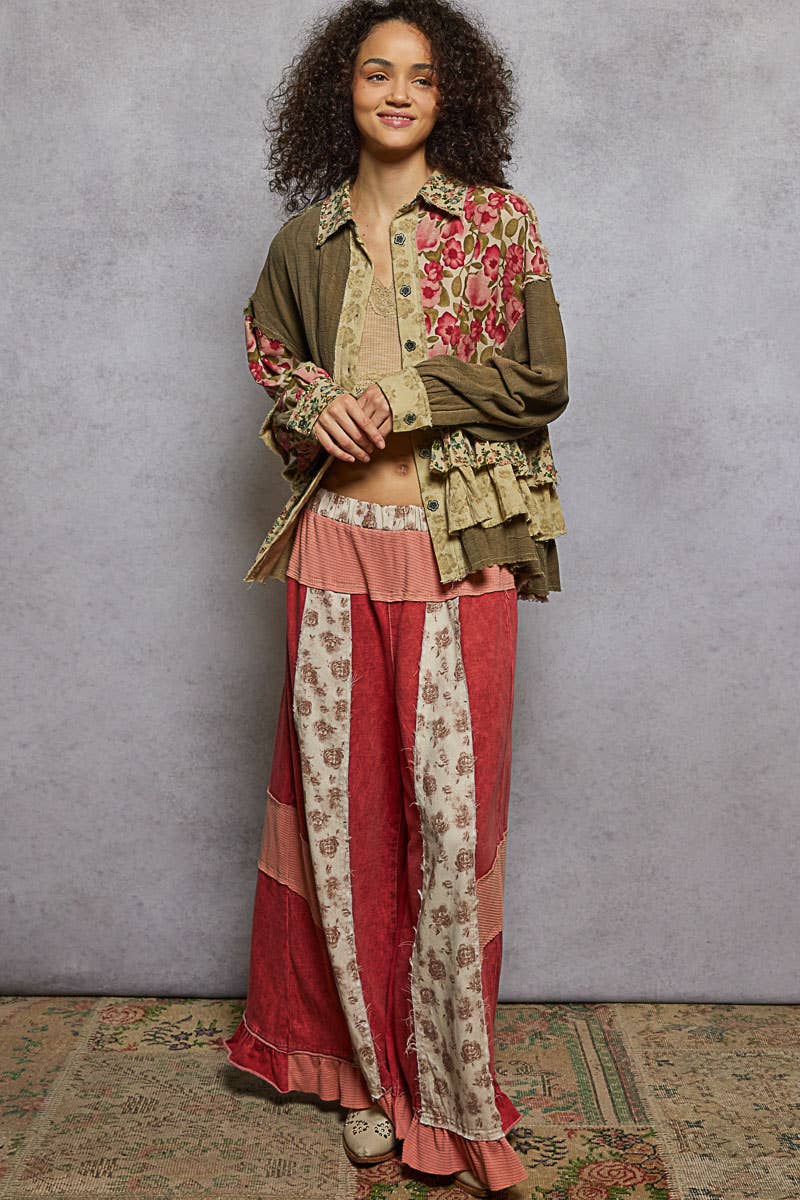 POL Clothing - Long sleeve double gauze patchwork shirred ruffle shirts-Pol Clothing-Stuffology - Where Vintage Meets Modern, A Boutique for Real Women in Crosbyton, TX