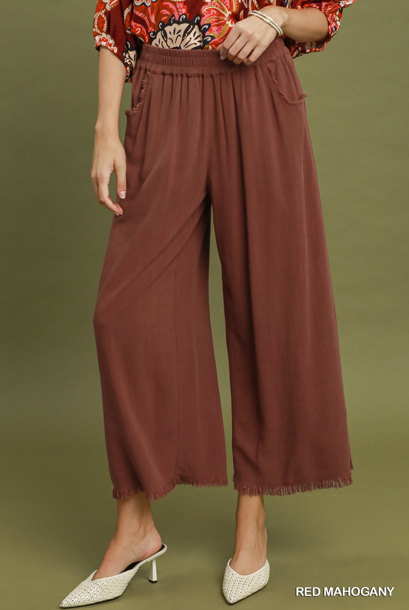 Fray Hem Wide Leg Pants Red Mahogany-Pants-Umgee-Stuffology - Where Vintage Meets Modern, A Boutique for Real Women in Crosbyton, TX