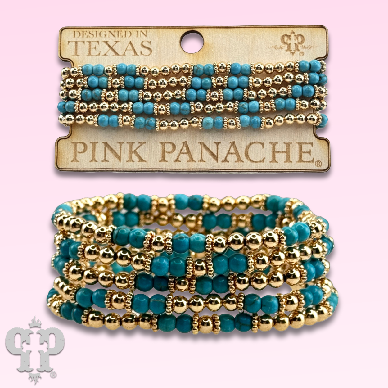 Gold and turquoise bead five strand bracelet-Bracelets-Pink Panache Brands-Stuffology - Where Vintage Meets Modern, A Boutique for Real Women in Crosbyton, TX