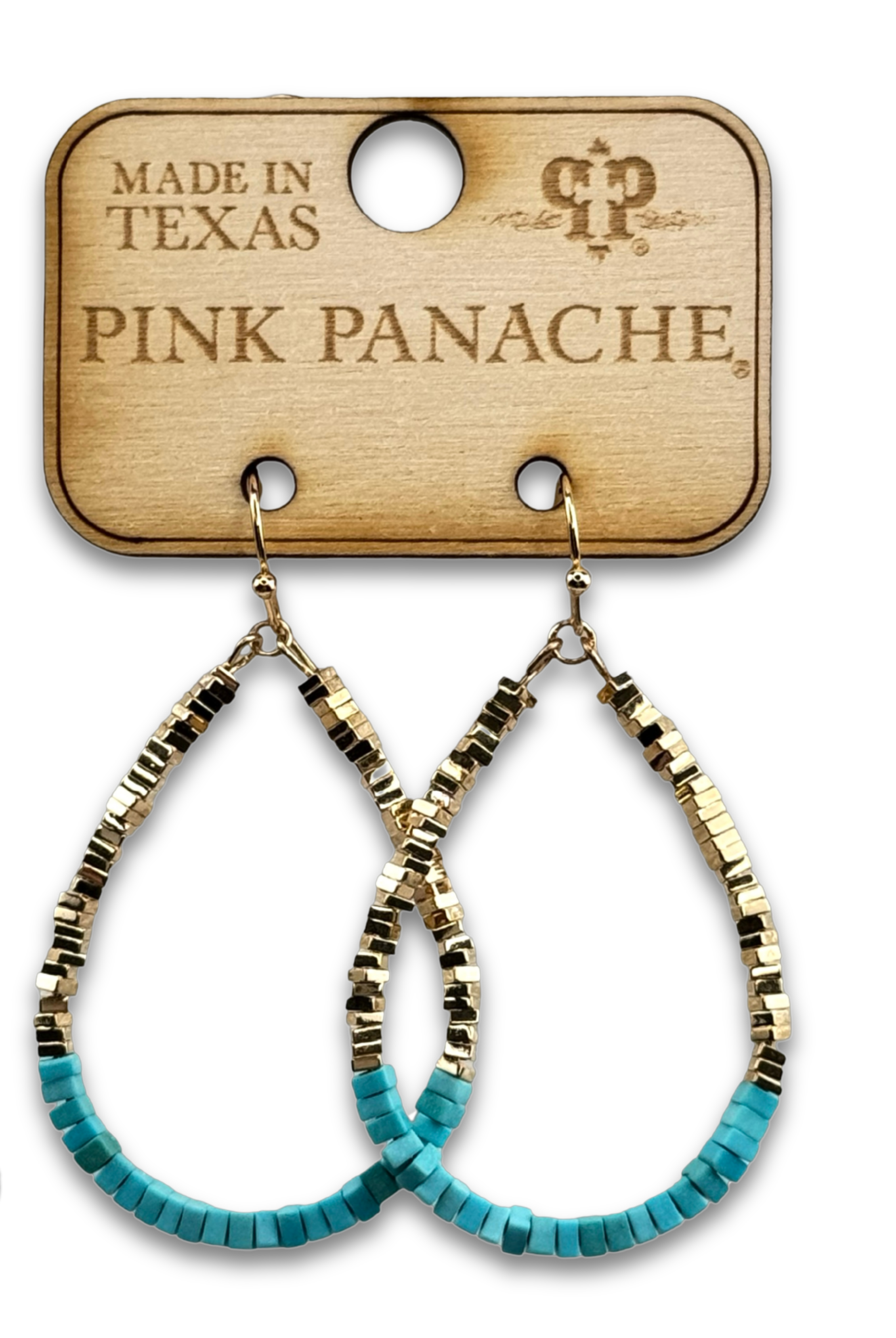 Gold and turquoise square bead teardrop earring-Pink Panache Brands-Stuffology - Where Vintage Meets Modern, A Boutique for Real Women in Crosbyton, TX
