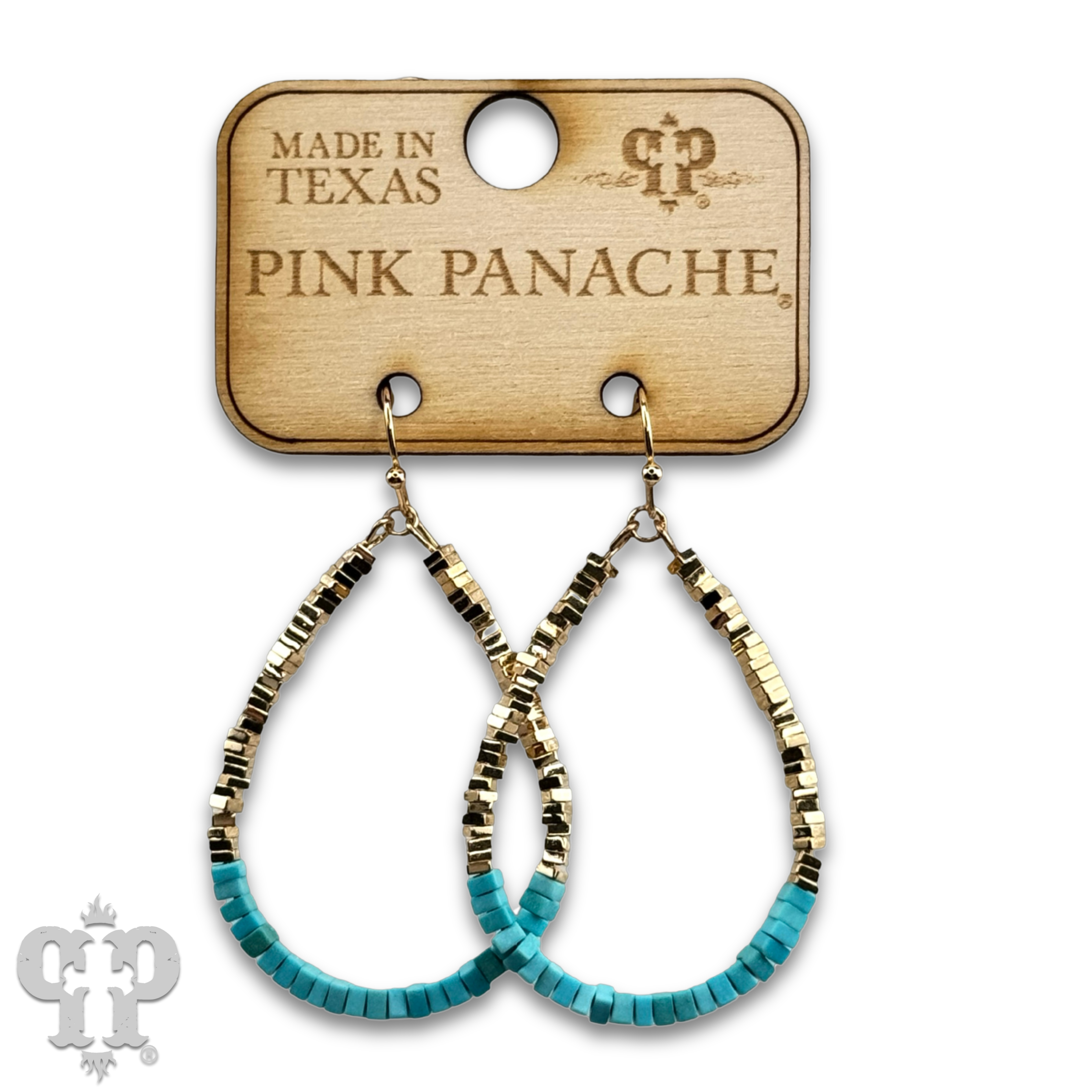 Gold and turquoise square bead teardrop earring-Pink Panache Brands-Stuffology - Where Vintage Meets Modern, A Boutique for Real Women in Crosbyton, TX