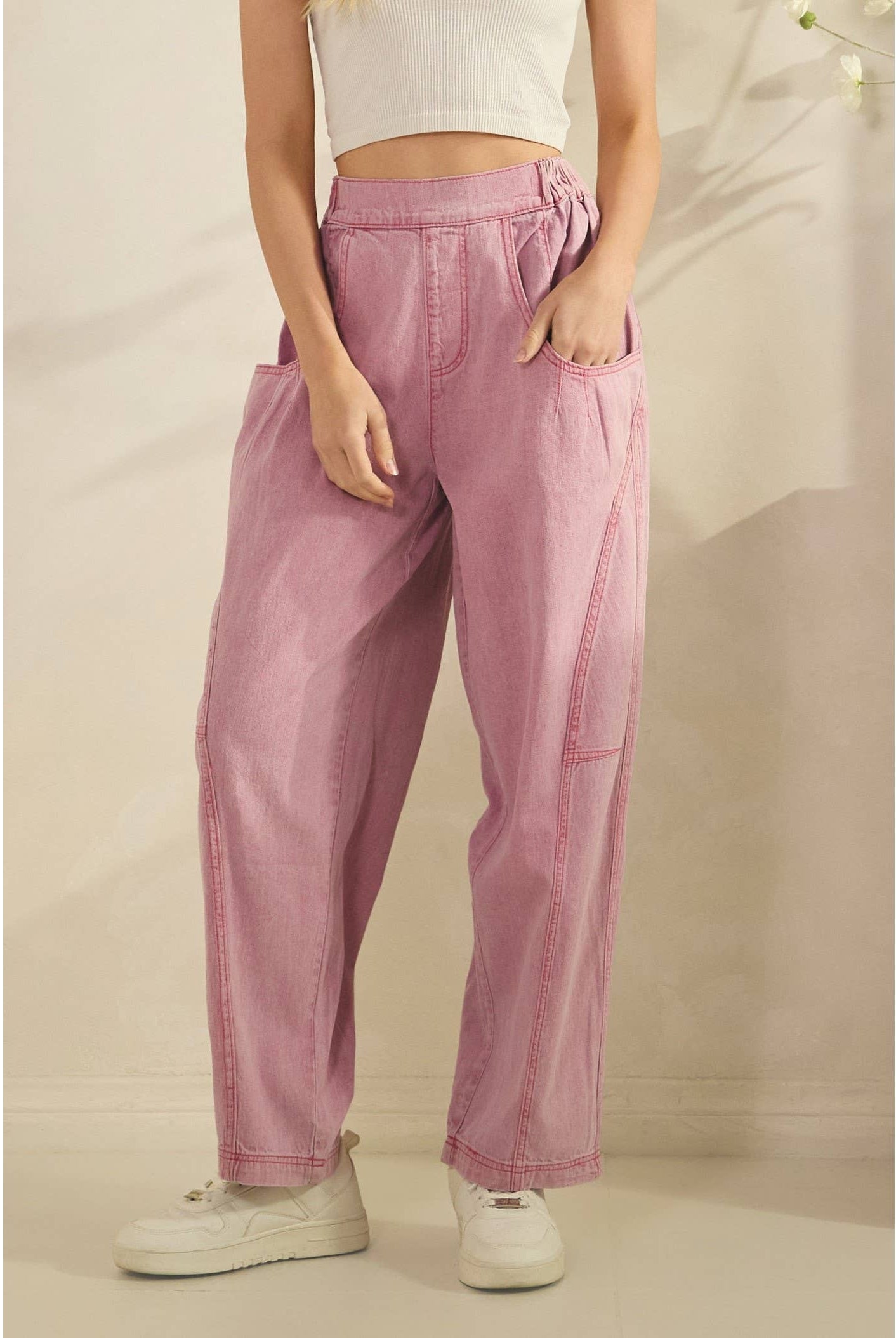 Acid Wash Wide Leg Pink Denim Pants-Pants-Sage + Fig-Stuffology - Where Vintage Meets Modern, A Boutique for Real Women in Crosbyton, TX