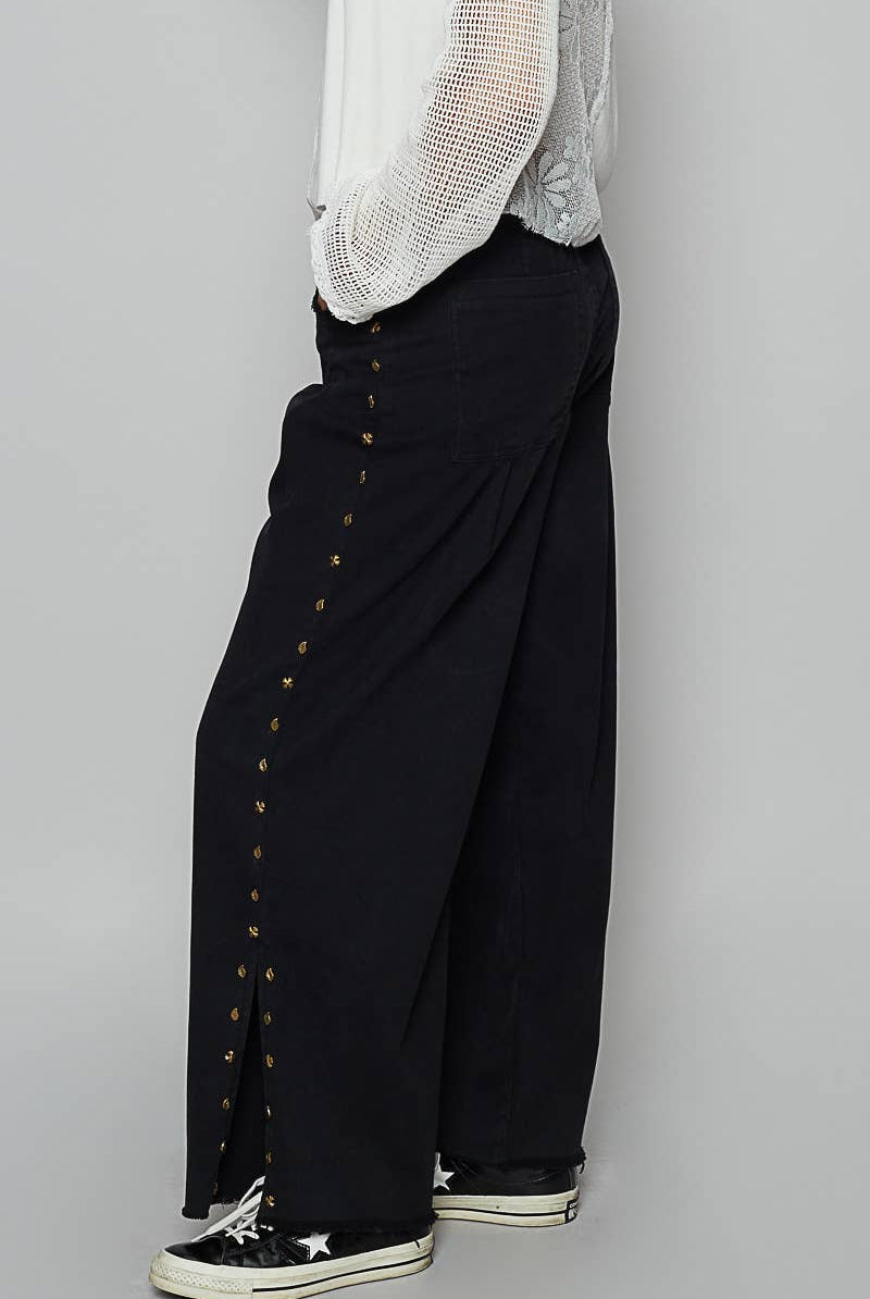 POL Clothing - Solid Stud Detail Twill Wide Woven Pants-Pol Clothing-Stuffology - Where Vintage Meets Modern, A Boutique for Real Women in Crosbyton, TX