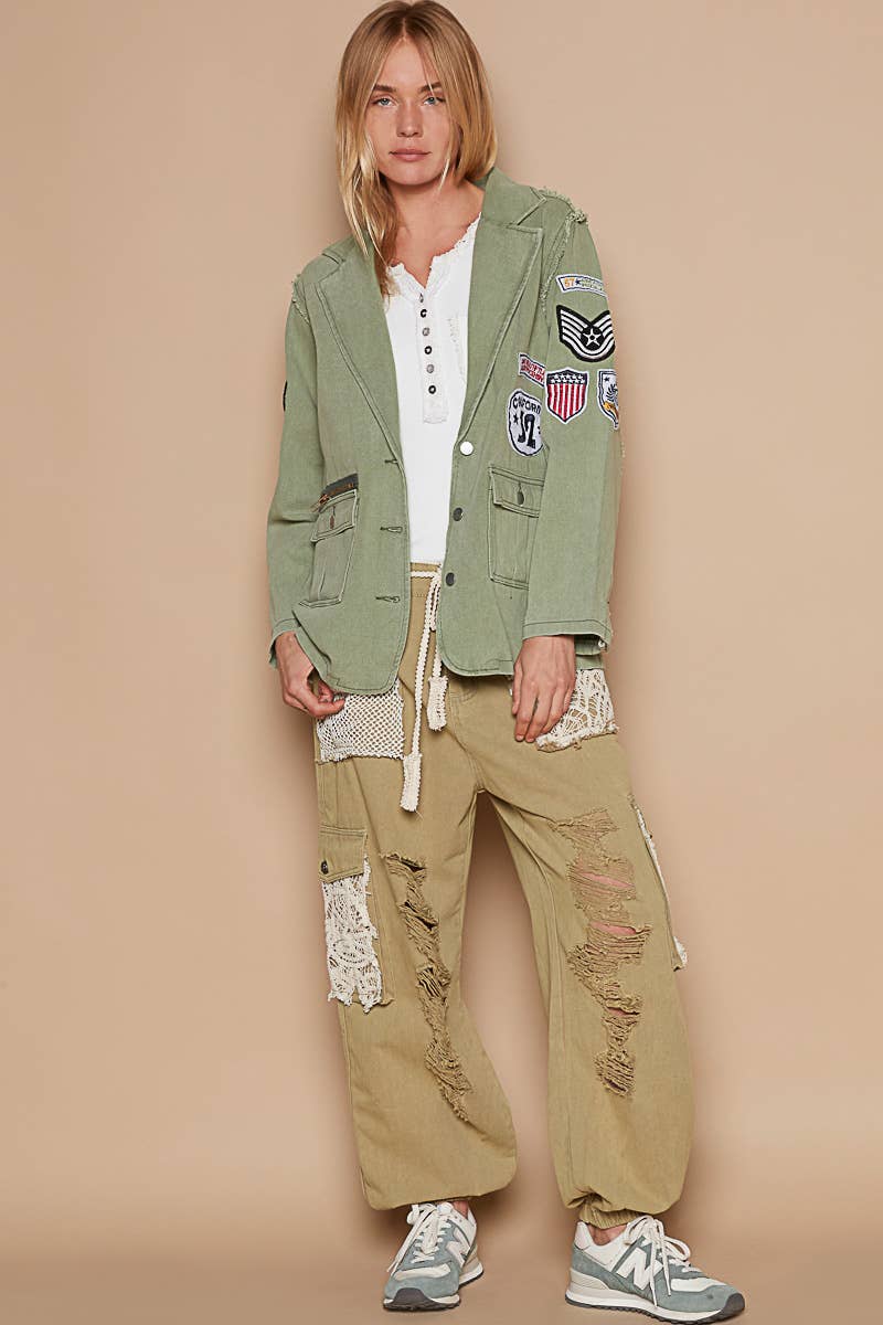 POL Clothing Vintage patch detail military blazer jacket-Jackets-Pol Clothing-Stuffology - Where Vintage Meets Modern, A Boutique for Real Women in Crosbyton, TX