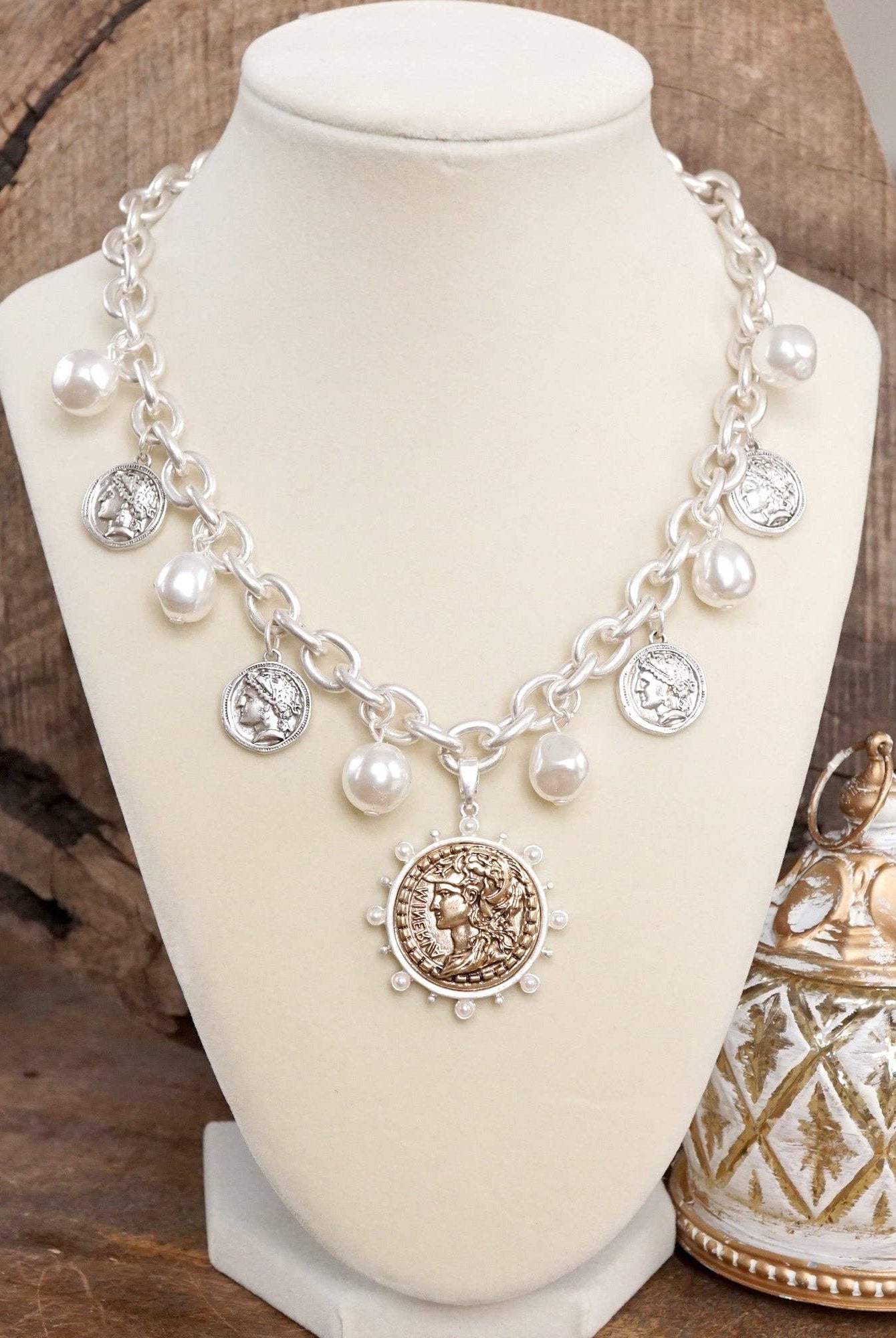 Boho Coin and Pearl Charms Statement Necklace – Gold and Silver Tone-PennyLine inc-Stuffology - Where Vintage Meets Modern, A Boutique for Real Women in Crosbyton, TX