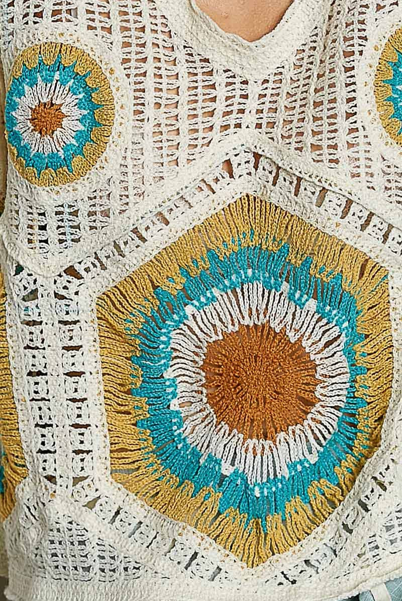 V-Neck Granny Circle Motif Scalloped Edge Crochet Top-Crochet Top-Pol Clothing-Stuffology - Where Vintage Meets Modern, A Boutique for Real Women in Crosbyton, TX