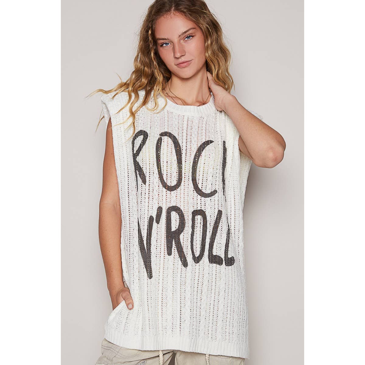 POL Clothing Rock N Roll Graphic Lettering Round Sleeveless Top-TOP-Pol Clothing-Stuffology - Where Vintage Meets Modern, A Boutique for Real Women in Crosbyton, TX