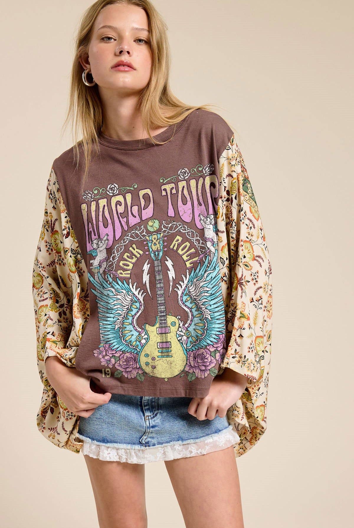 World Tour Rock '&' Roll Graphic Rustic Kantha Top-Women > Tops > Tshirts > Graphic-Zutter-Stuffology - Where Vintage Meets Modern, A Boutique for Real Women in Crosbyton, TX