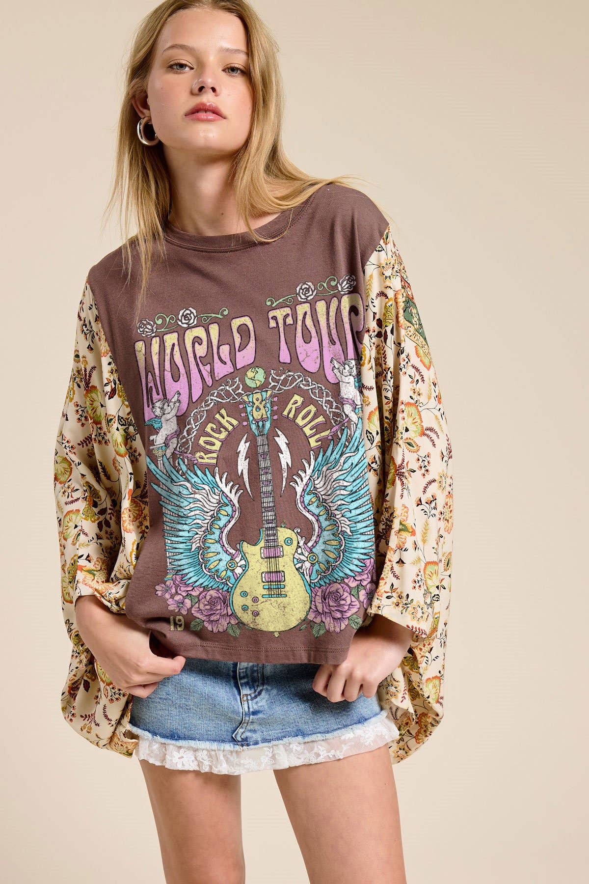World Tour Rock '&' Roll Graphic Rustic Kantha Top-Women > Tops > Tshirts > Graphic-Zutter-Stuffology - Where Vintage Meets Modern, A Boutique for Real Women in Crosbyton, TX