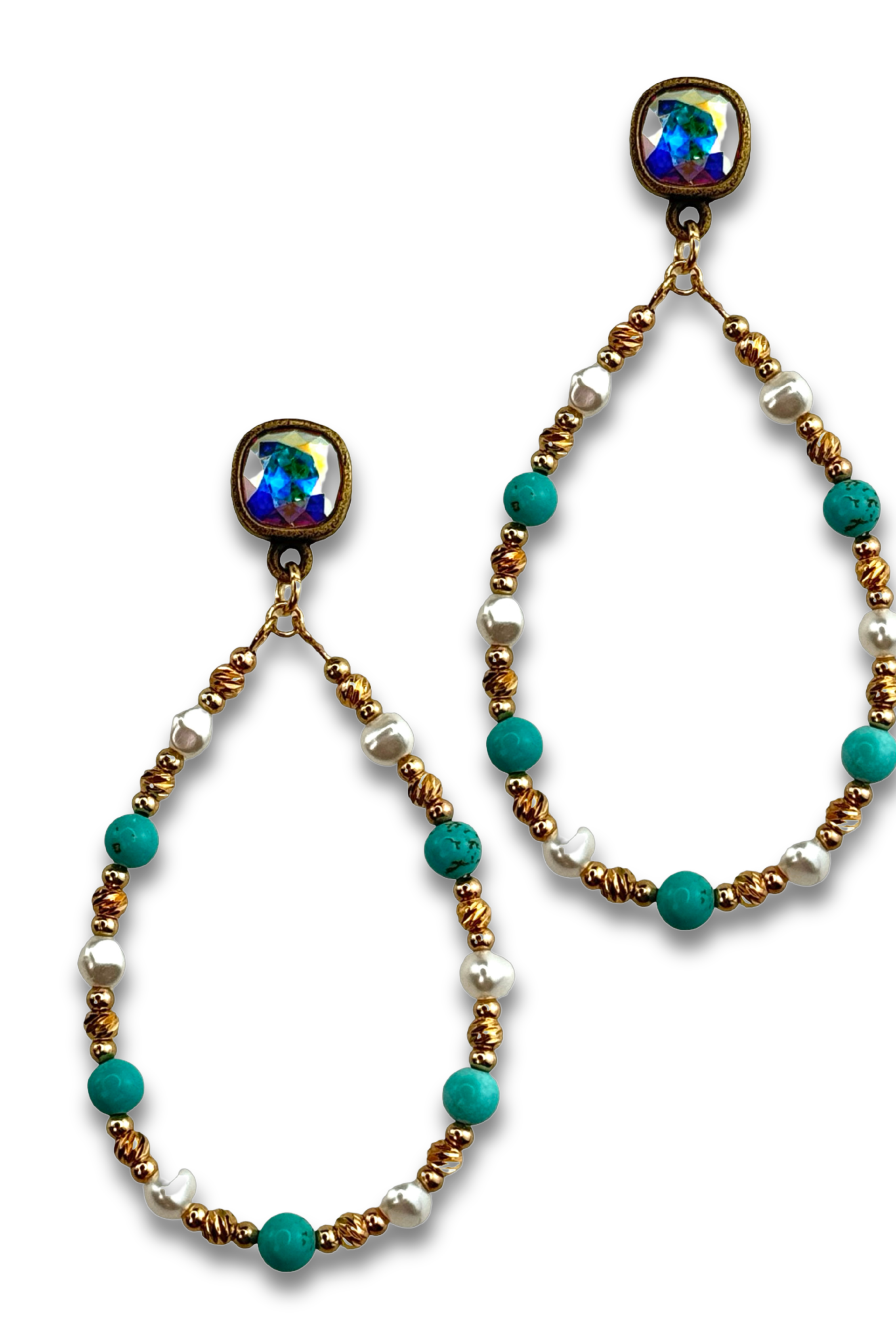 Turquoise and gold teardrop earring with Austrian crystal-Earrings-Pink Panache Brands-Stuffology - Where Vintage Meets Modern, A Boutique for Real Women in Crosbyton, TX