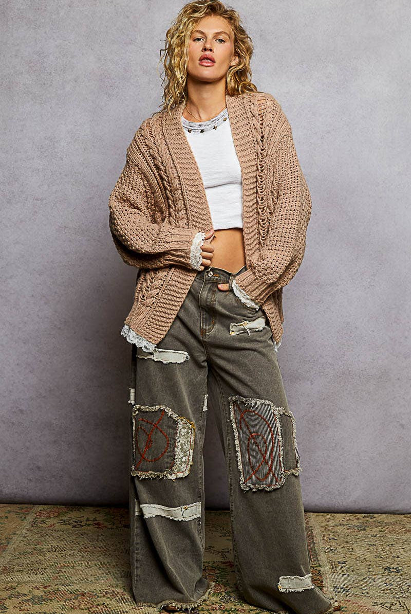 V neck lace trim solid acrylic sweater open cardigan top-Pol Clothing-Stuffology - Where Vintage Meets Modern, A Boutique for Real Women in Crosbyton, TX