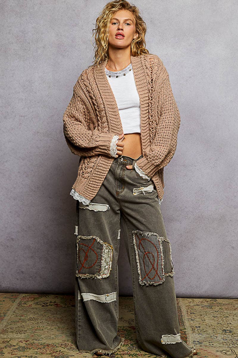 V neck lace trim solid acrylic sweater open cardigan top-Pol Clothing-Stuffology - Where Vintage Meets Modern, A Boutique for Real Women in Crosbyton, TX