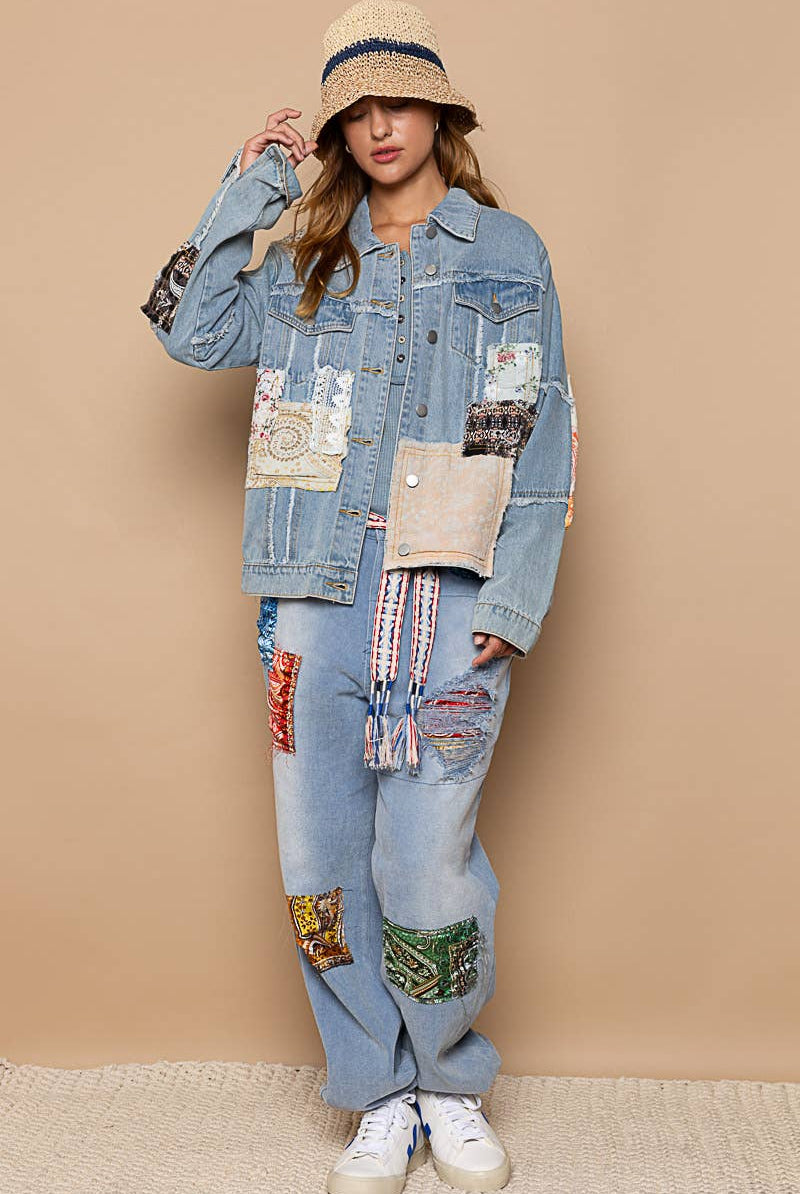 Distressed Outseam Patch Detail Button Down Denim Jacket /Stuffology Boutique-Jackets-Pol Clothing-Stuffology - Where Vintage Meets Modern, A Boutique for Real Women in Crosbyton, TX