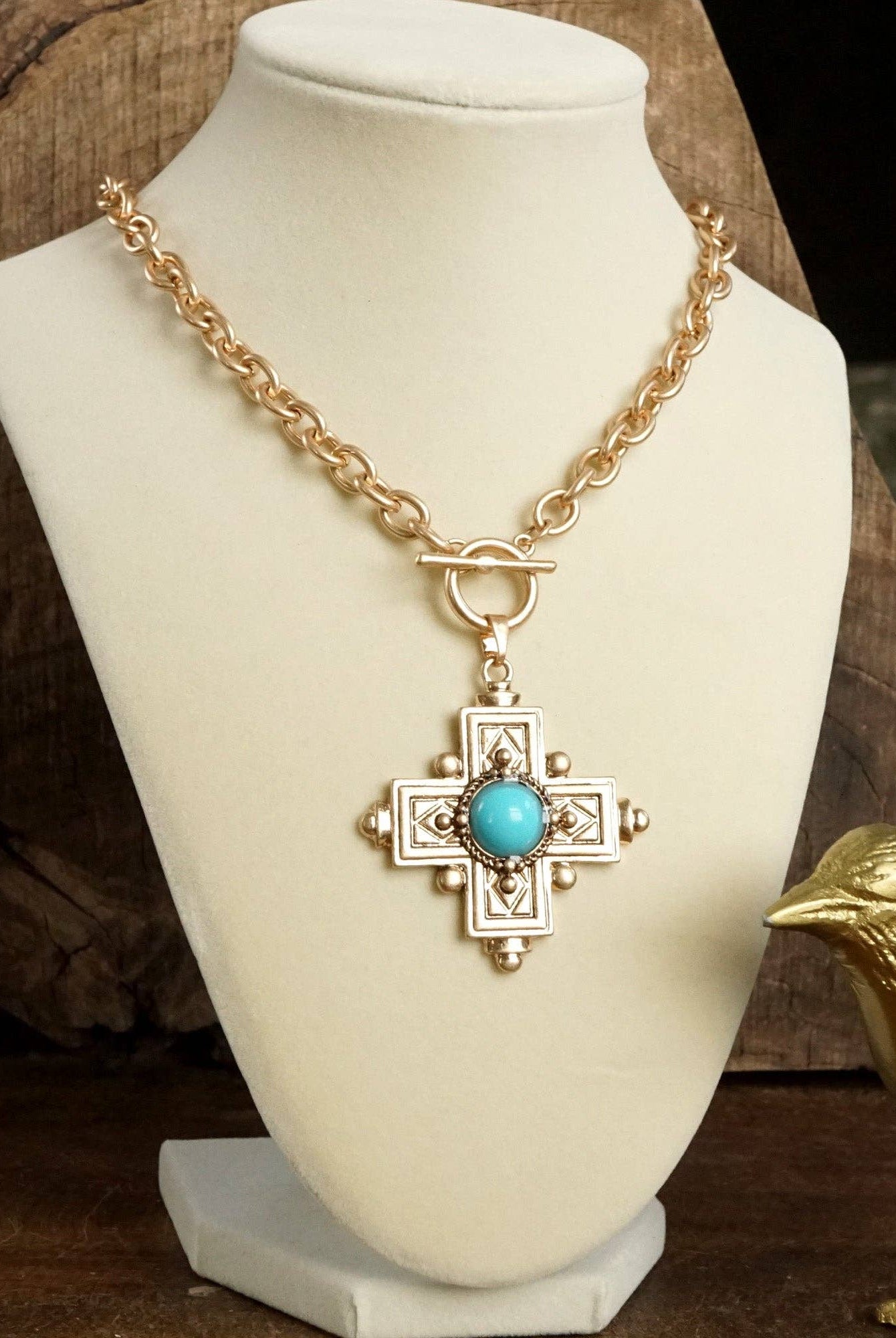 Decorative Cross Necklace Worn Gold or Silver Tone Front Toggle and Turquoise-Necklaces-PennyLine inc-Stuffology - Where Vintage Meets Modern, A Boutique for Real Women in Crosbyton, TX