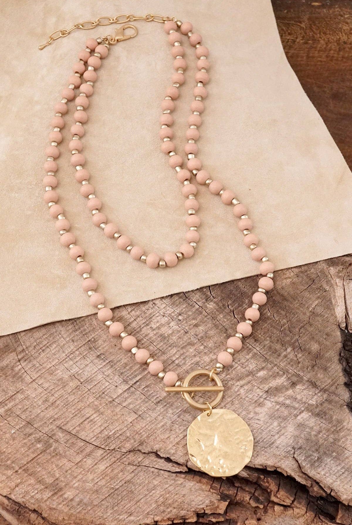 Multi Strand Wooden Beads Short Coin Necklace in Pink and Gold-PennyLine inc-Stuffology - Where Vintage Meets Modern, A Boutique for Real Women in Crosbyton, TX