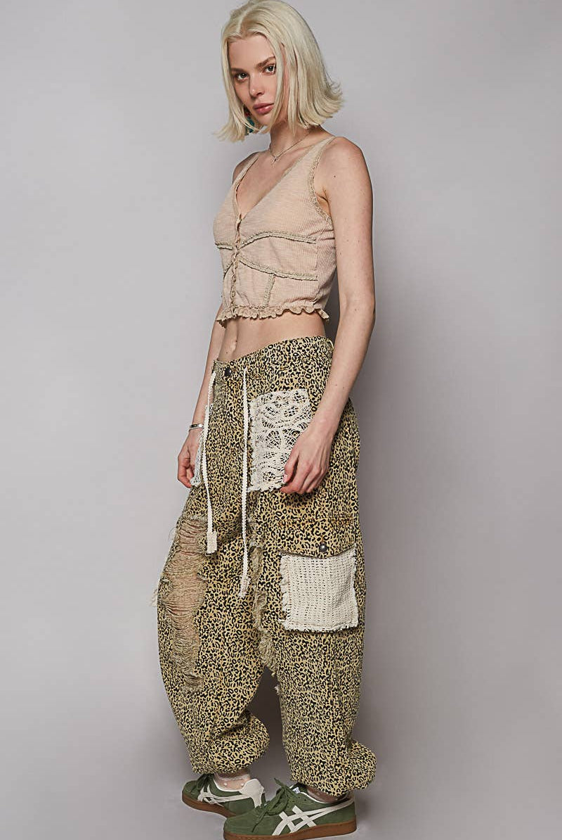 POL Clothing Sand Leopard Vintage Wash Crochet Patch Distressed Jogger Pants-Pants-Pol Clothing-Stuffology - Where Vintage Meets Modern, A Boutique for Real Women in Crosbyton, TX