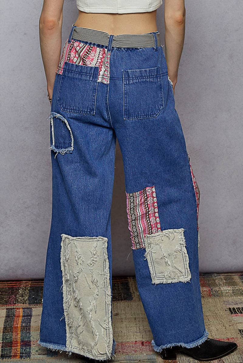 POL Clothing Boho Patchwork Denim Wide Leg Jeans-Jeans-Pol Clothing-Stuffology - Where Vintage Meets Modern, A Boutique for Real Women in Crosbyton, TX