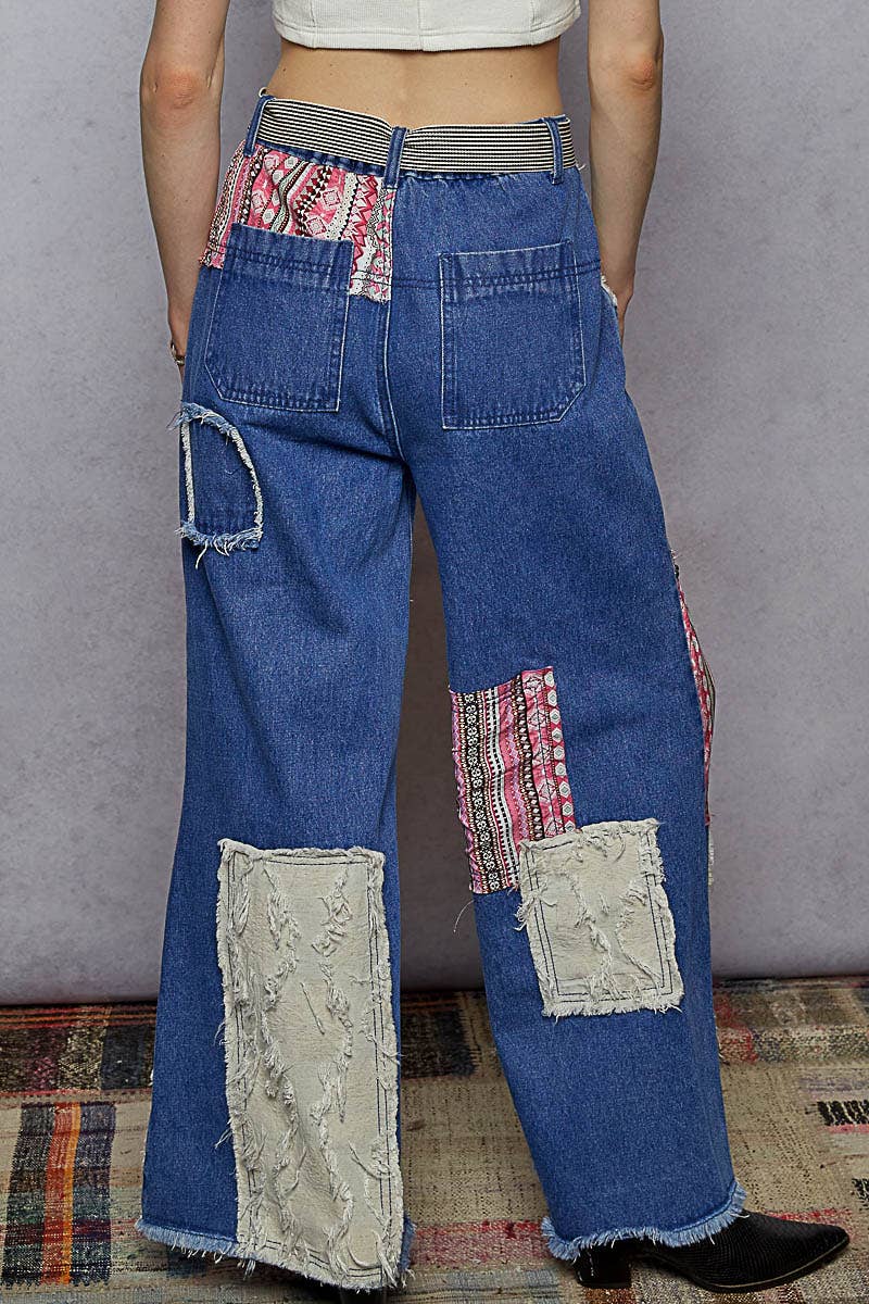 POL Clothing Boho Patchwork Denim Wide Leg Jeans-Jeans-Pol Clothing-Stuffology - Where Vintage Meets Modern, A Boutique for Real Women in Crosbyton, TX