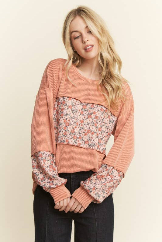 LONG SLEEVE RIBBED FLORAL TOP-TOP-HEIMISH-Stuffology - Where Vintage Meets Modern, A Boutique for Real Women in Crosbyton, TX