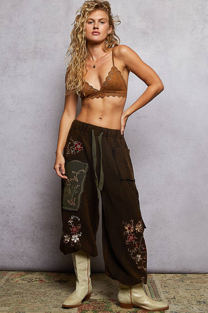 POL Clothing Double gauze floral embroidery accents patch detail pants-pants-Pol Clothing-Stuffology - Where Vintage Meets Modern, A Boutique for Real Women in Crosbyton, TX
