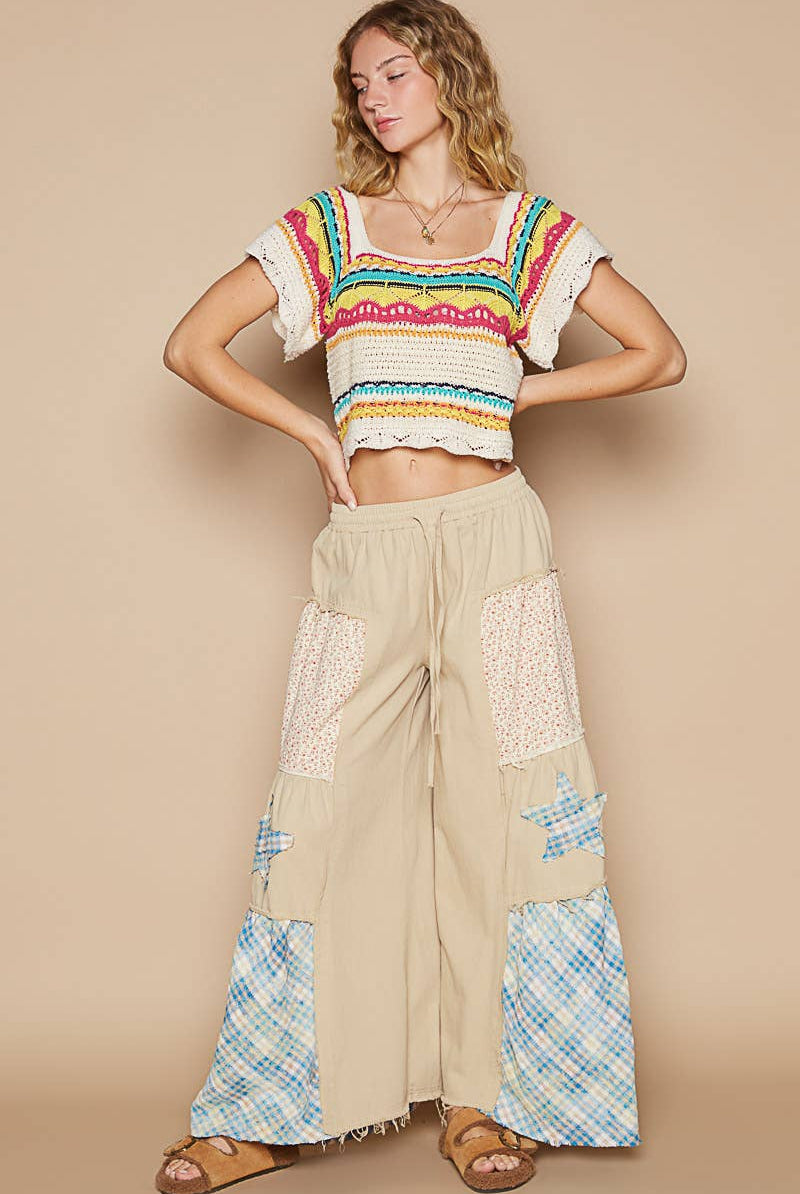 Star patch detail solid chambray wide pants-Pants-Pol Clothing-Stuffology - Where Vintage Meets Modern, A Boutique for Real Women in Crosbyton, TX