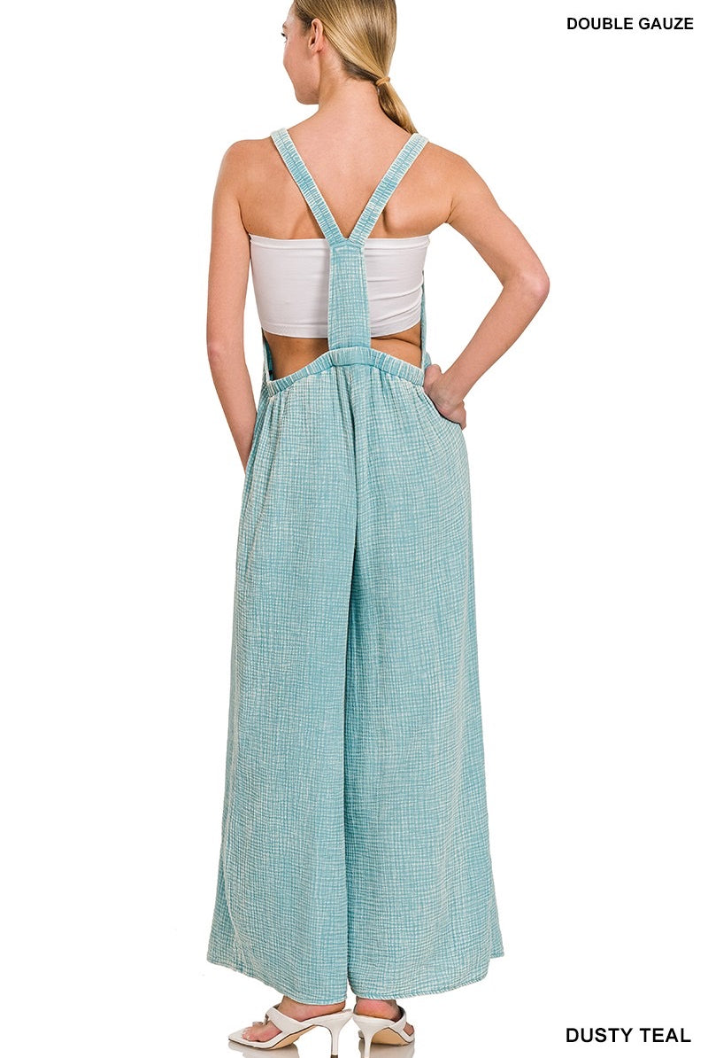 Dusty Teal Washed Double Gauze Wide Leg Overalls-Jumpsuit-Zenana-Stuffology - Where Vintage Meets Modern, A Boutique for Real Women in Crosbyton, TX