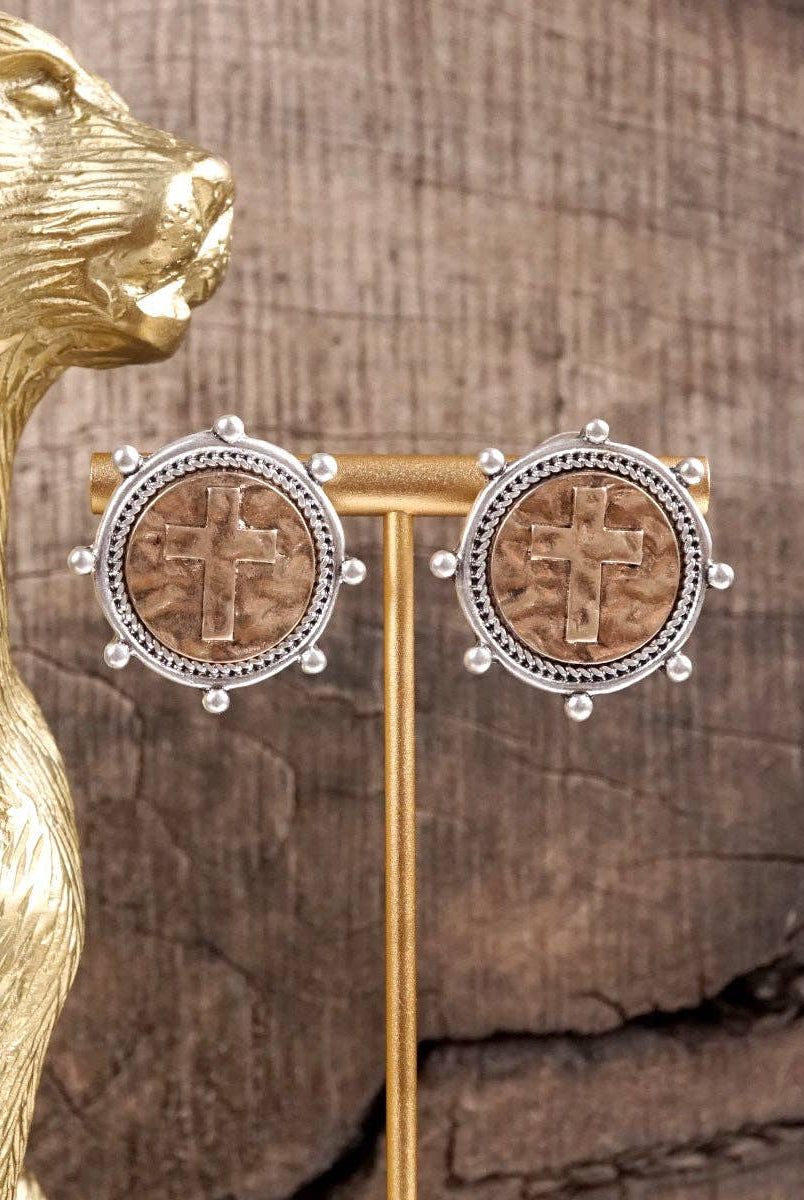 Divine Duo – Two-Tone Cross Coin Stud Earrings-Earrings-PennyLine inc-Stuffology - Where Vintage Meets Modern, A Boutique for Real Women in Crosbyton, TX