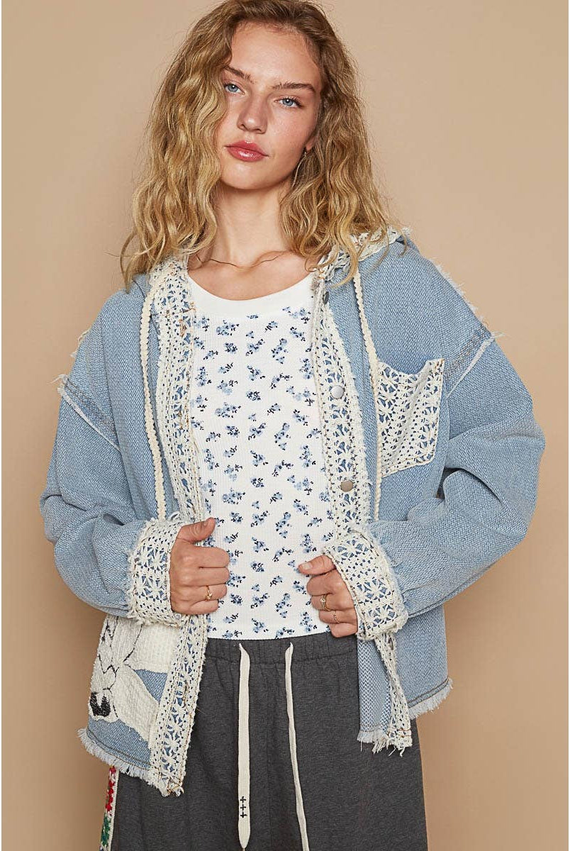 Vintage Washed Crochet Details Denim Jacket/Stuffology Boutique-Jackets-Pol Clothing-Stuffology - Where Vintage Meets Modern, A Boutique for Real Women in Crosbyton, TX