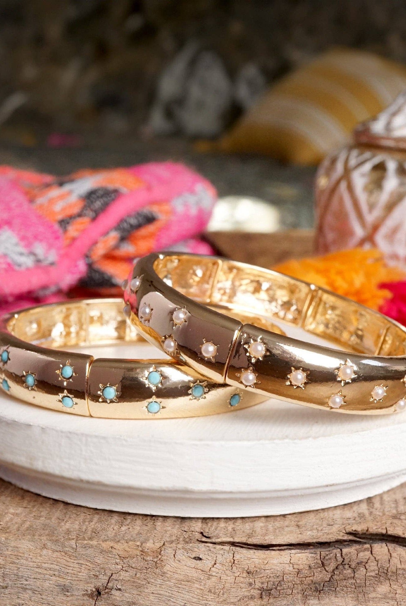 Gold-Tone Eternity Stretch Bangle – Pearls, Turquoise, or Crystals-Bracelets-PennyLine inc-Stuffology - Where Vintage Meets Modern, A Boutique for Real Women in Crosbyton, TX