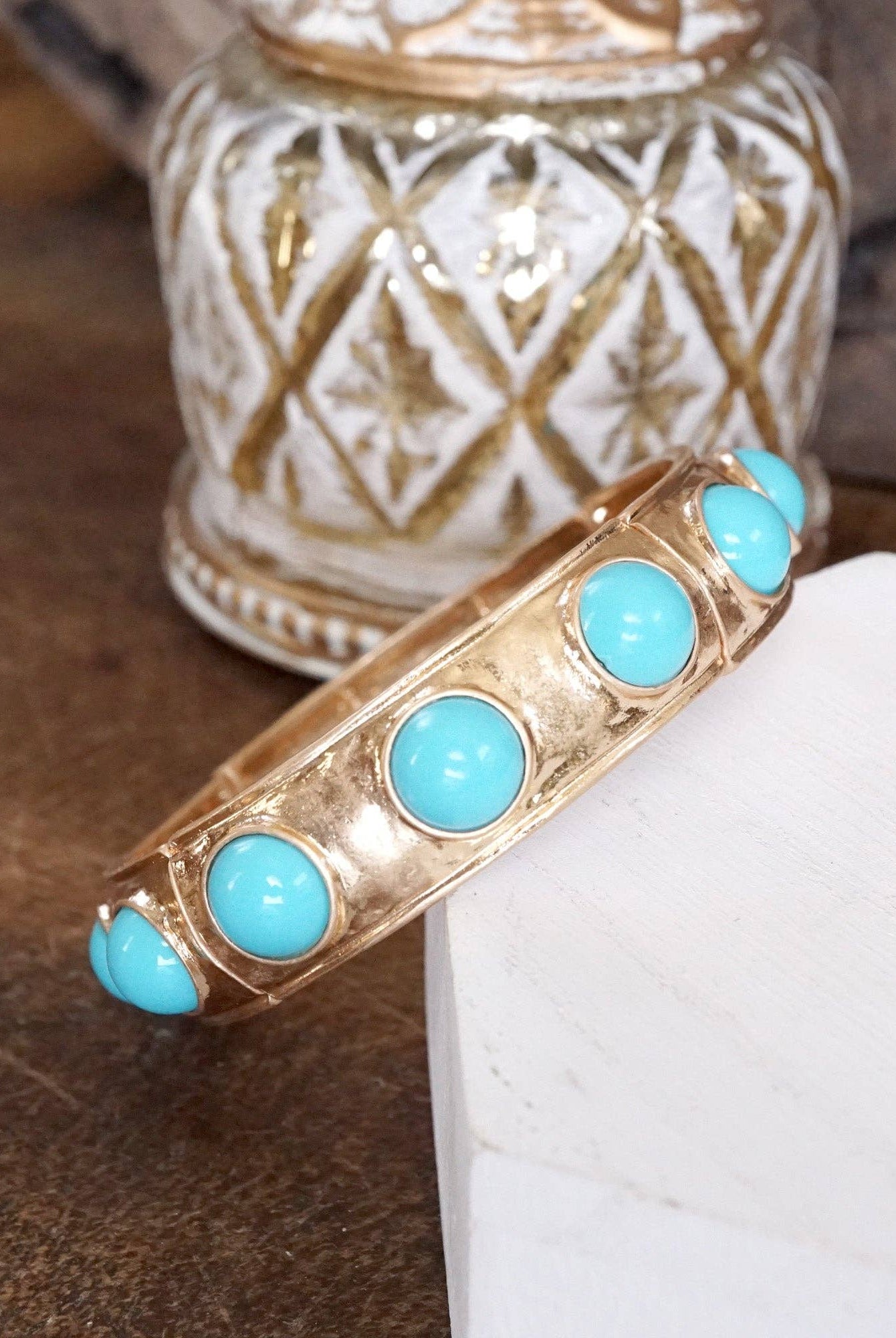Eternity Statement Bangle Gold Tone Turquoise-Bracelets-PennyLine inc-Stuffology - Where Vintage Meets Modern, A Boutique for Real Women in Crosbyton, TX