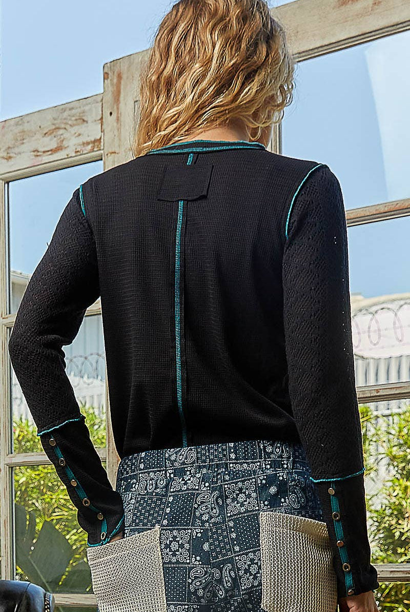 POL Clothing - Thermal Stitch Detail Henley Top-TOP-Pol Clothing-Stuffology - Where Vintage Meets Modern, A Boutique for Real Women in Crosbyton, TX