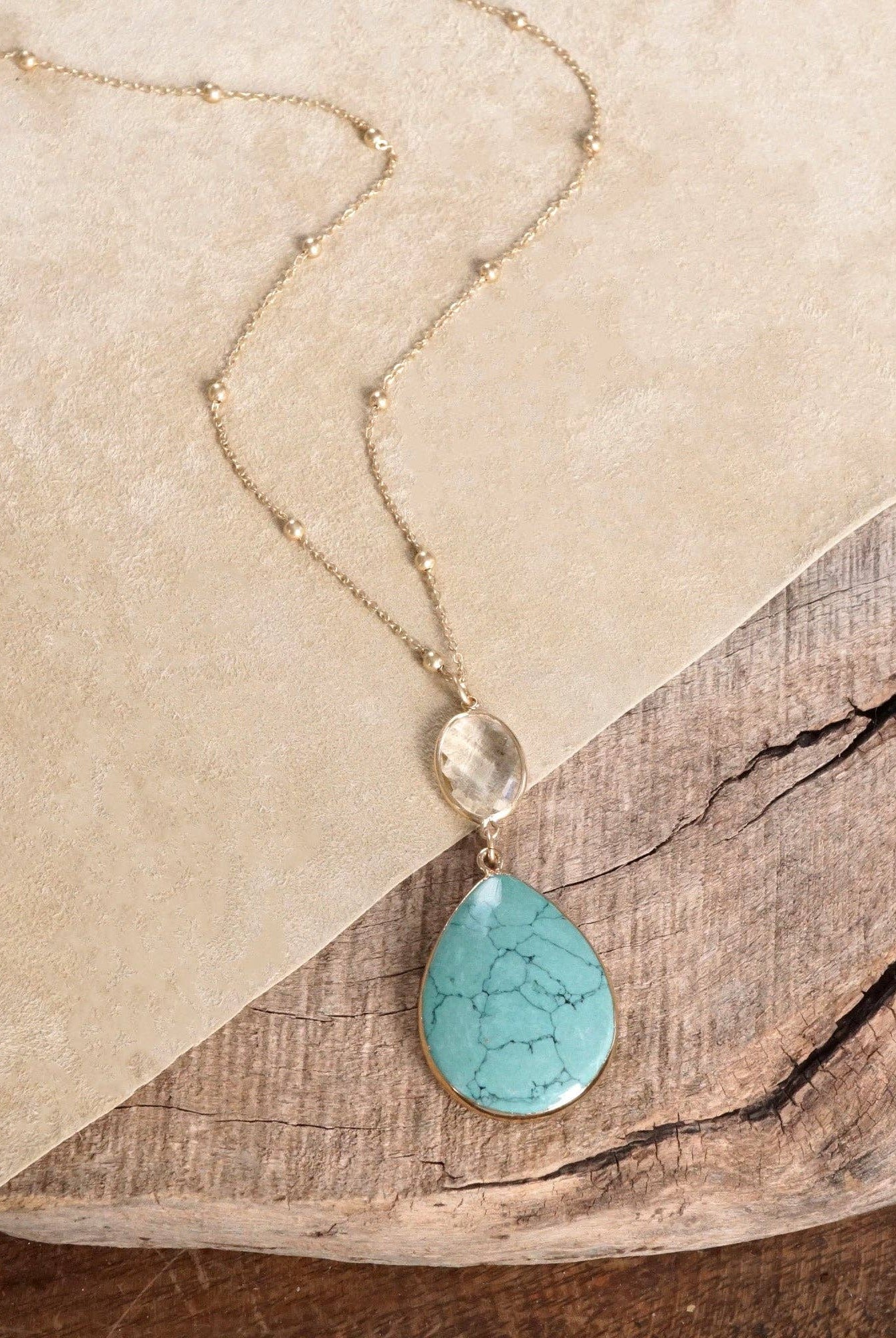 Boho Minimal Long Necklace with Teardrop Natural Stone Pendant – Turquoise and Worn Gold Tone-PennyLine inc-Stuffology - Where Vintage Meets Modern, A Boutique for Real Women in Crosbyton, TX