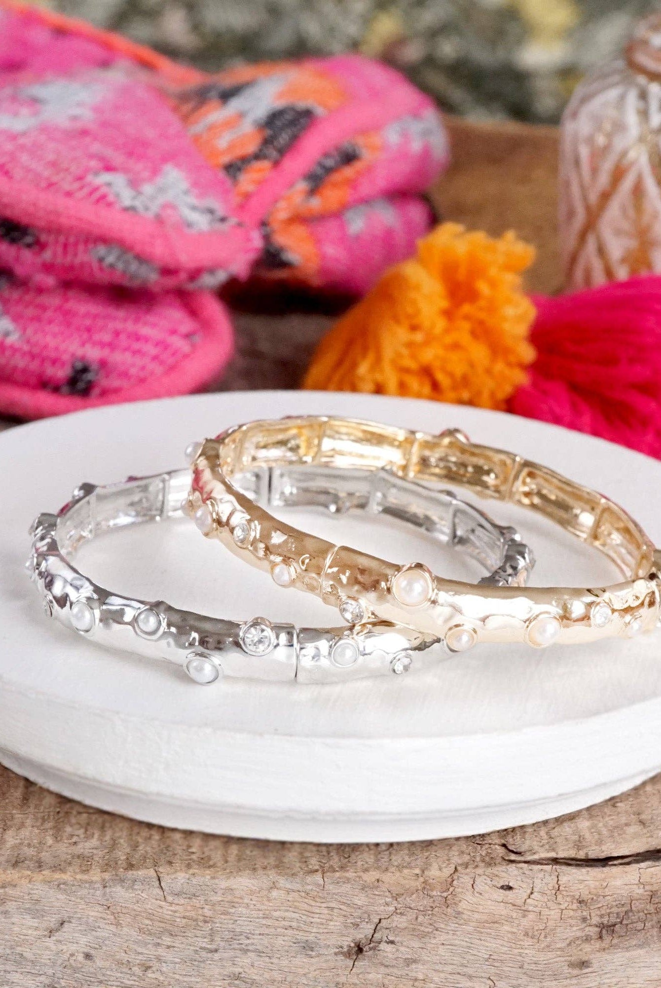 Stretchy Stackable Bangle Pearls and Rhinestones Gold or Silver Tone-PennyLine inc-Stuffology - Where Vintage Meets Modern, A Boutique for Real Women in Crosbyton, TX
