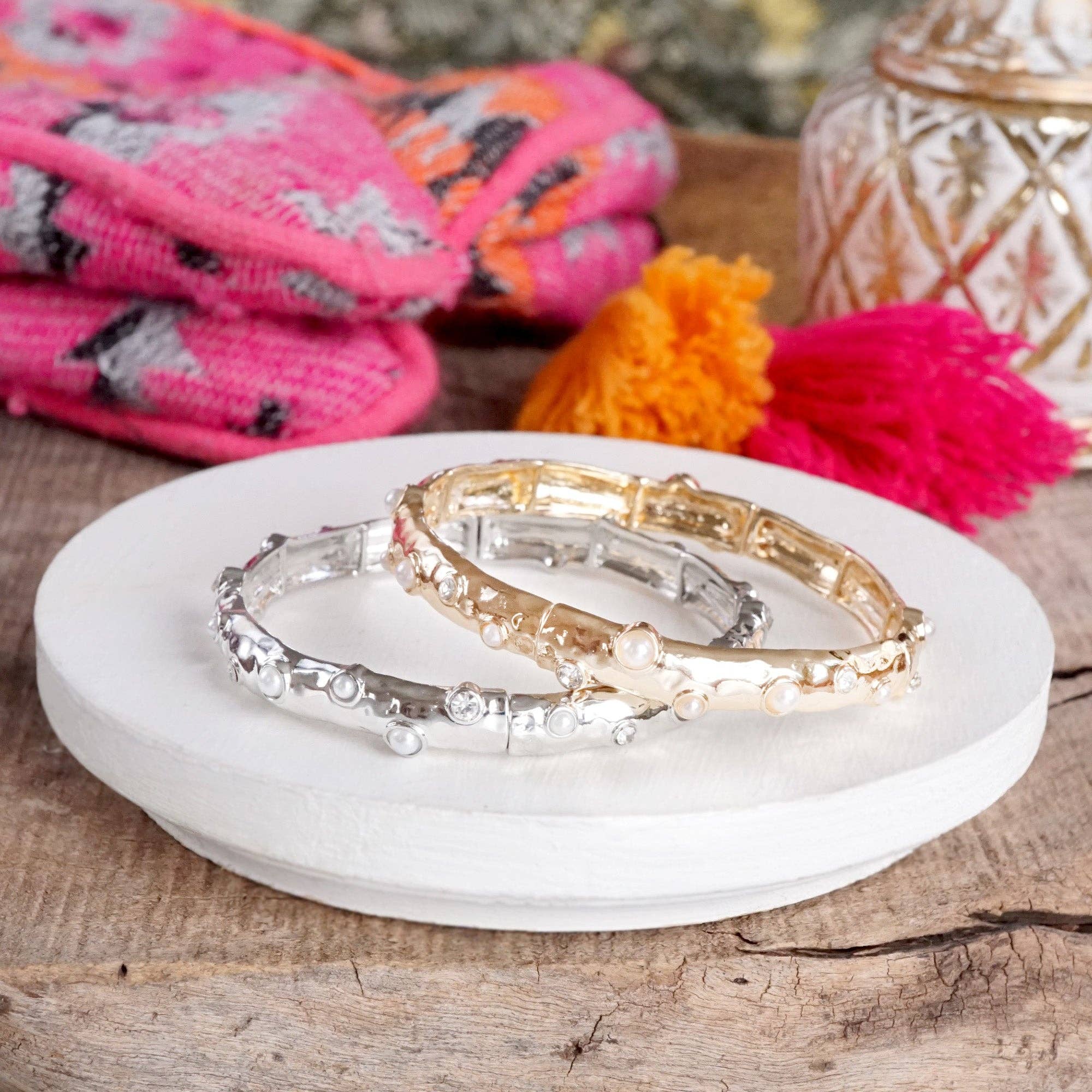 Stretchy Stackable Bangle Pearls and Rhinestones Gold or Silver Tone-PennyLine inc-Stuffology - Where Vintage Meets Modern, A Boutique for Real Women in Crosbyton, TX