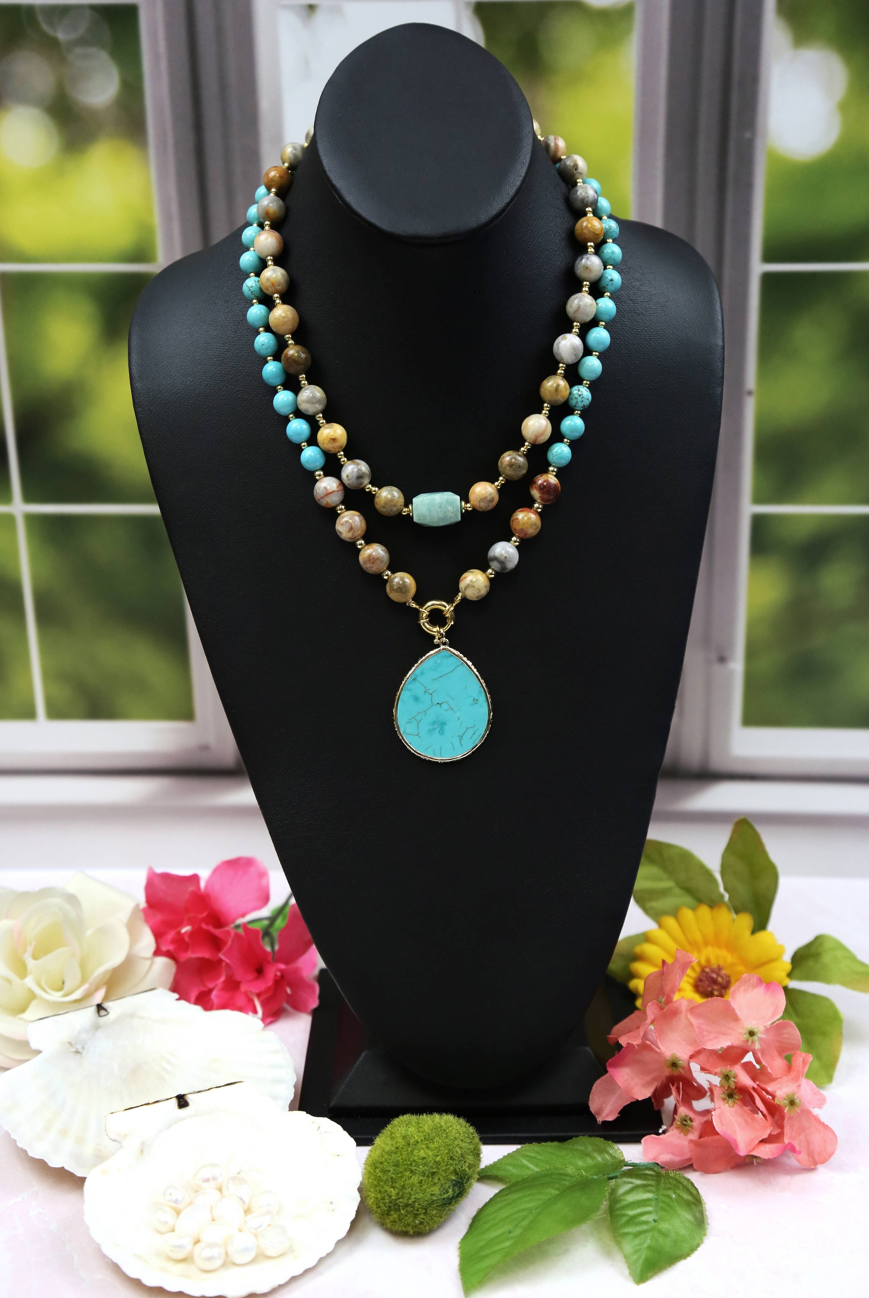 Crazy Lace Agate and Magnesite Turquoise Pendant Necklace-IST Jewelry-Stuffology - Where Vintage Meets Modern, A Boutique for Real Women in Crosbyton, TX