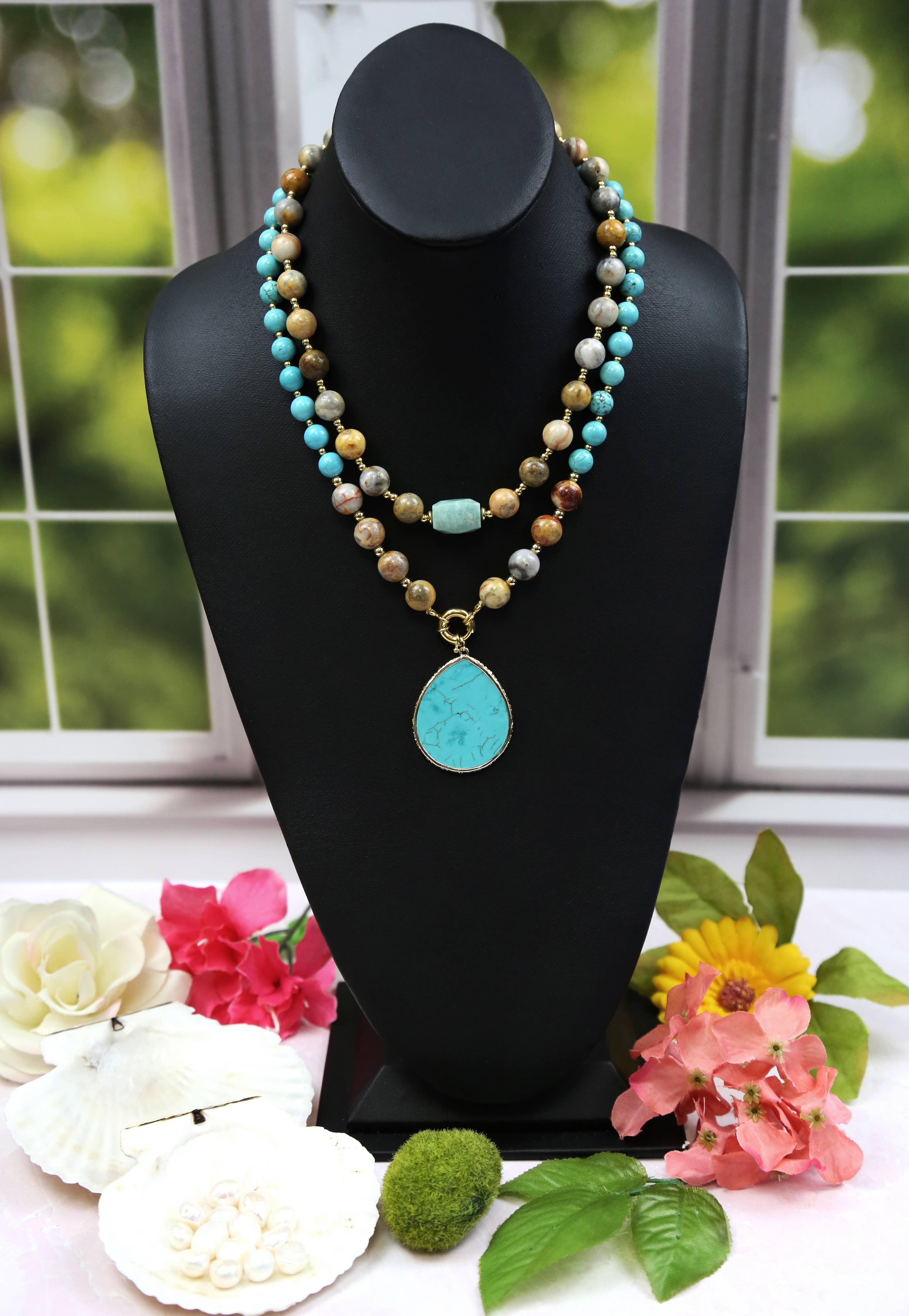 Crazy Lace Agate and Magnesite Turquoise Pendant Necklace-IST Jewelry-Stuffology - Where Vintage Meets Modern, A Boutique for Real Women in Crosbyton, TX